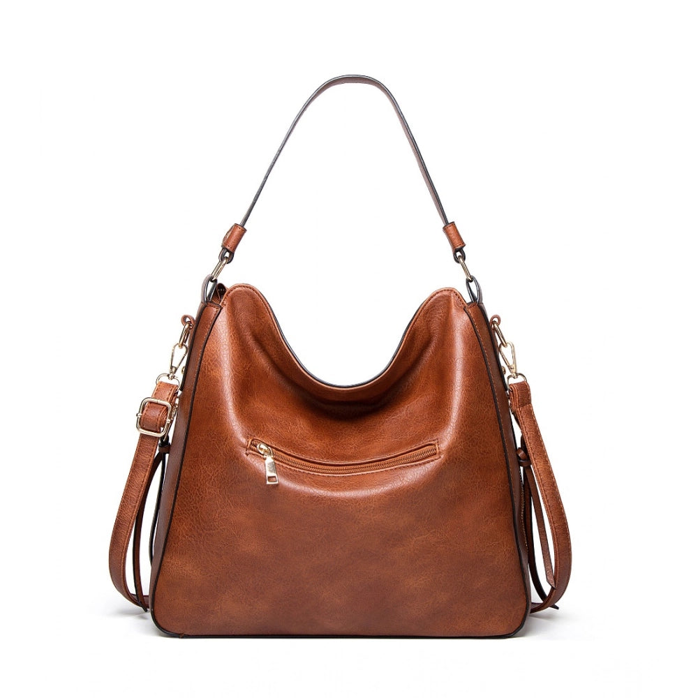Women's PU Leather Zipper Handbag - Brown, front view