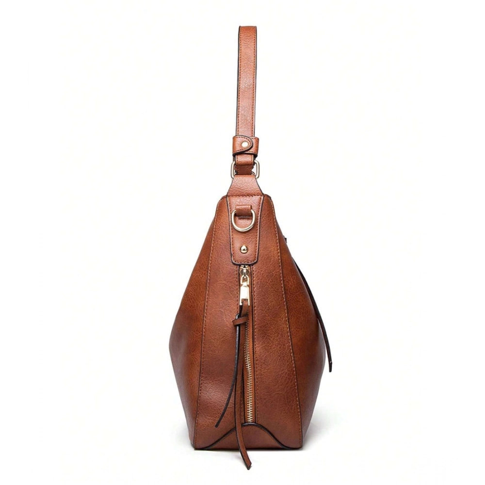 Women's PU Leather Zipper Handbag - Brown, side view