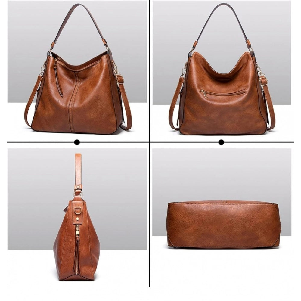 Women's PU Leather Zipper Handbag - Brown, interior view