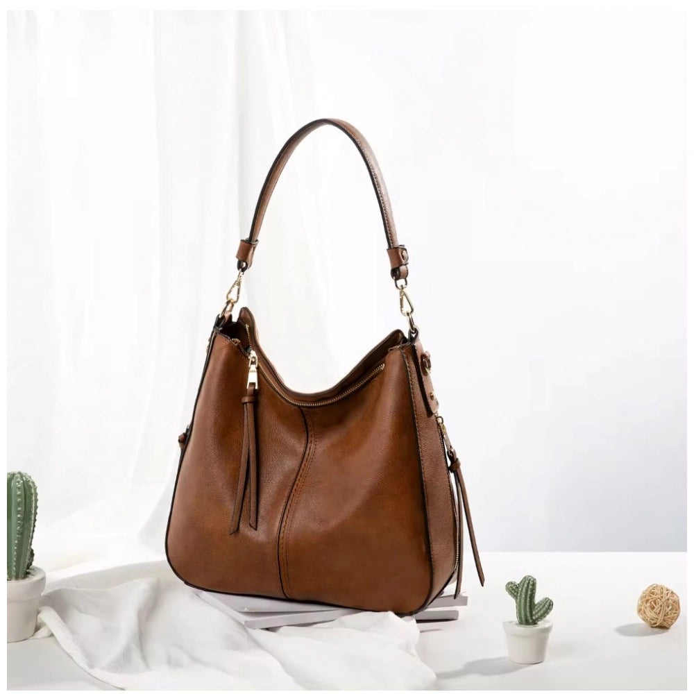 Women's PU Leather Zipper Handbag - Brown, detail view